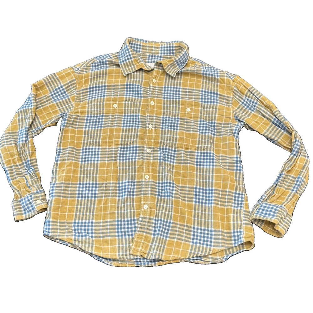 American Eagle Men's Large Yellow and Blue Plaid Lightweight Flannel Shirt